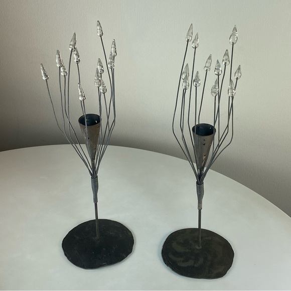 Hand Forged Iron Taper Candle Holders with Glass Elements Modern Scandi Style - Picture 6 of 15